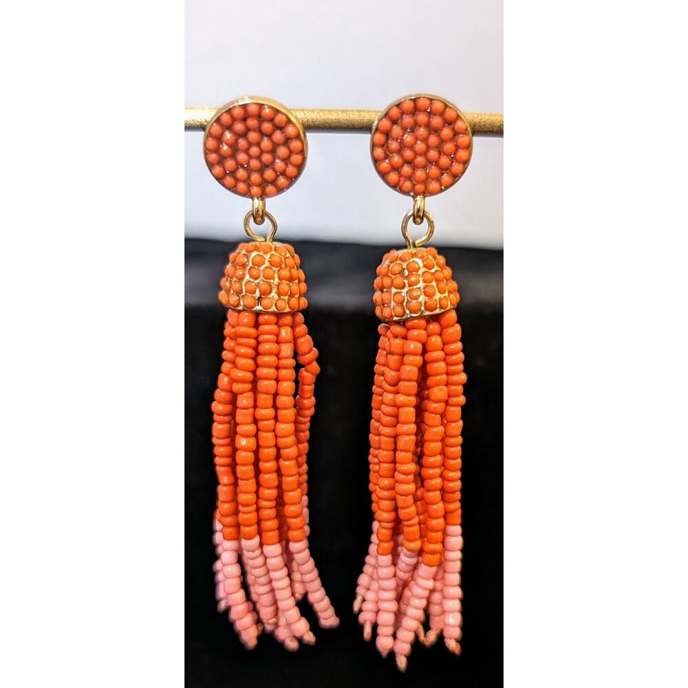 Orange Pink Beaded Tassel Boho Dangle Post Earrings
